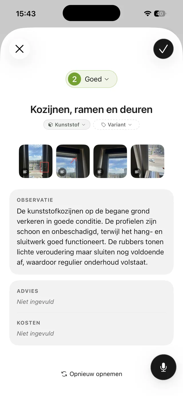 Uitgewerkte bevinding met NEN 2767-conditiescore in de Kadero-app, uitgeschreven in de eigen schrijfstijl van de inspecteur